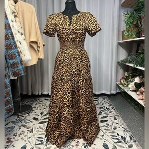 Leopard Print Short-Sleeve Maxi Dress - Brown Animal Print
